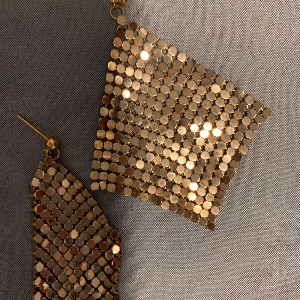 Vintage gold-tone earrings, mesh like, about 3” long